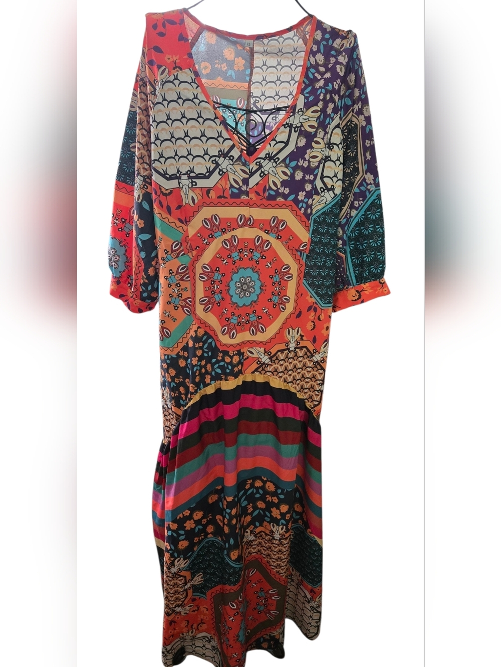 Boho Patchwork Maxi Dress in Orange & Teal  Size XL